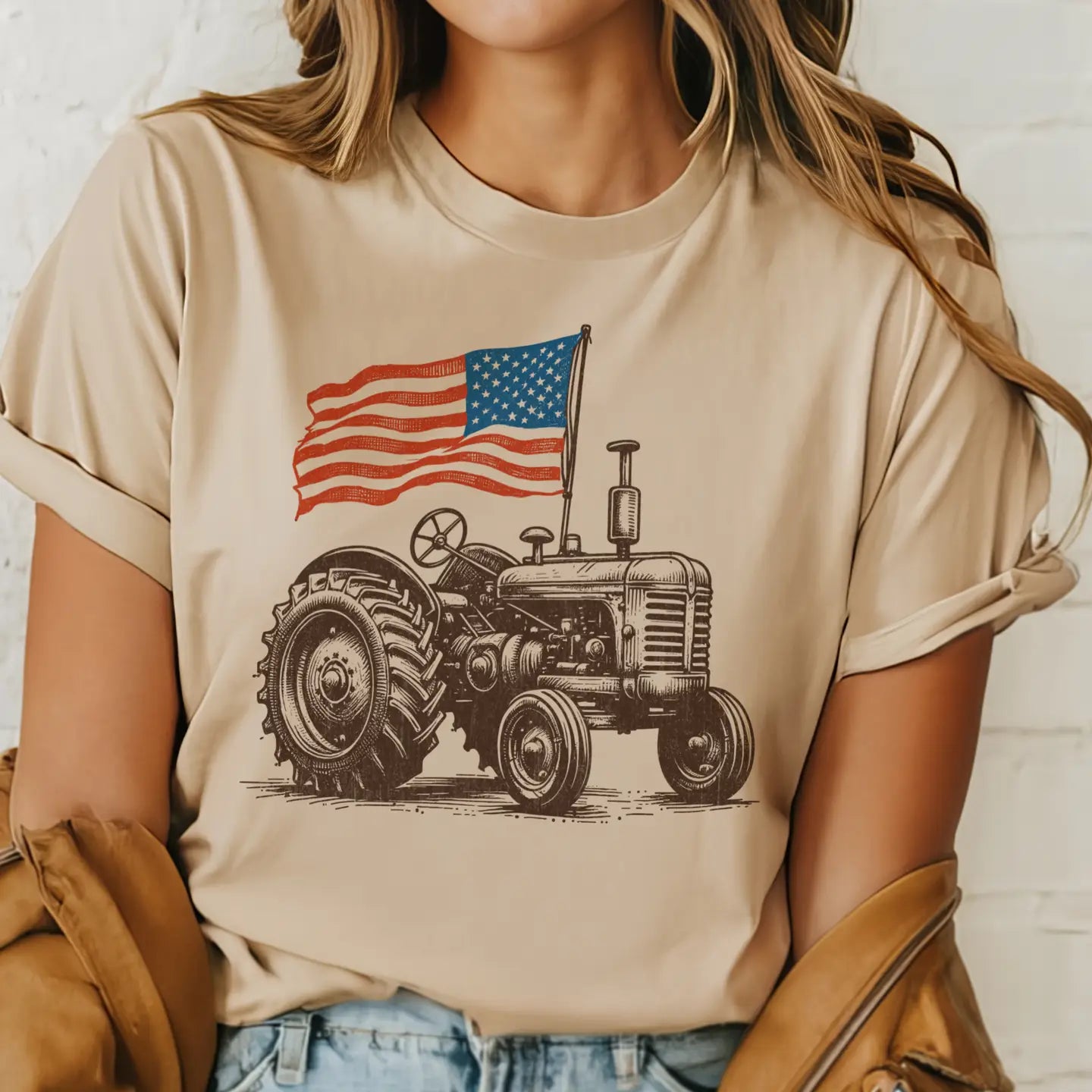 Patriotic Tractor Tee - Beige