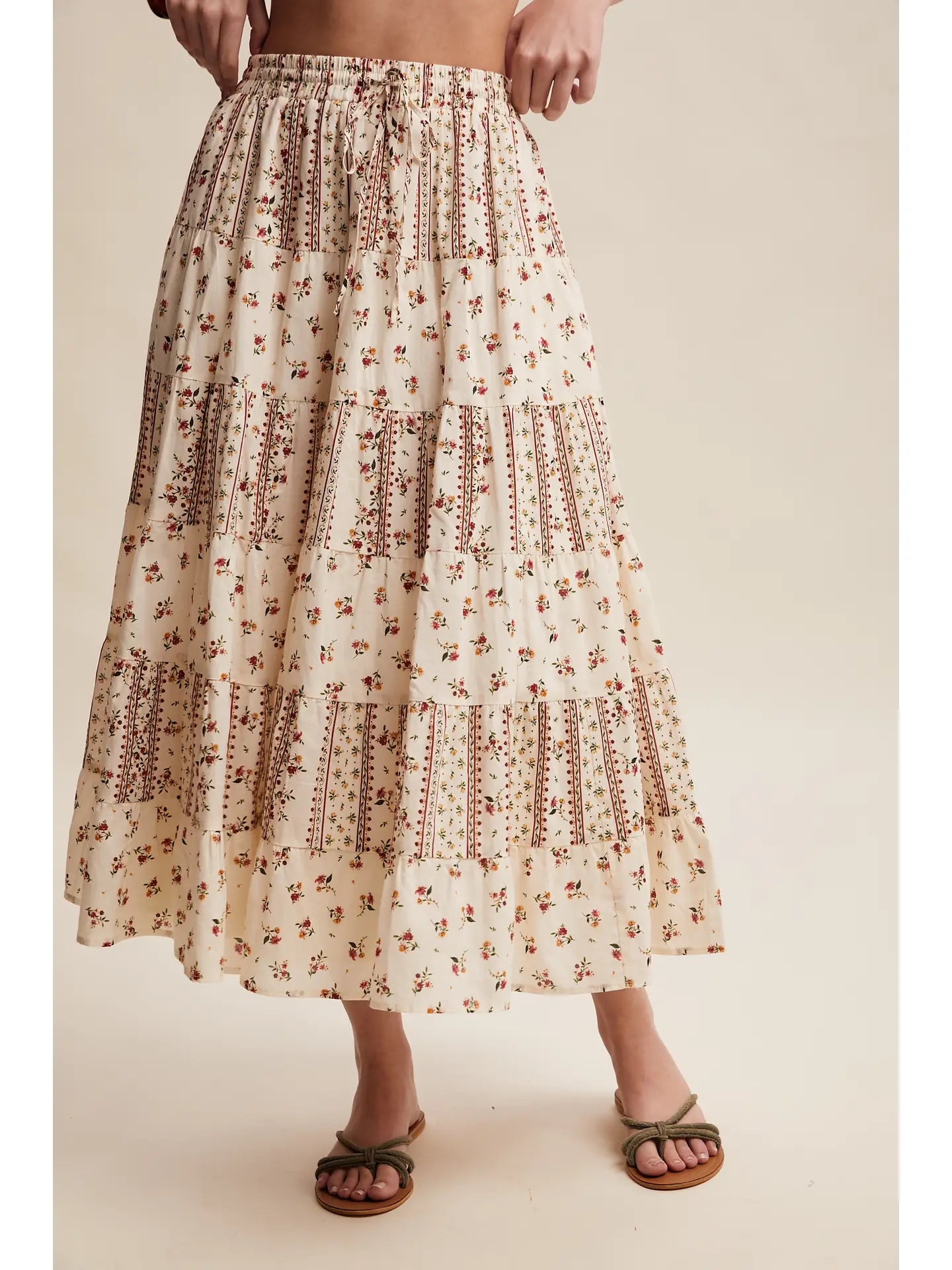 Ivory Floral Tiered Maxi Skirt