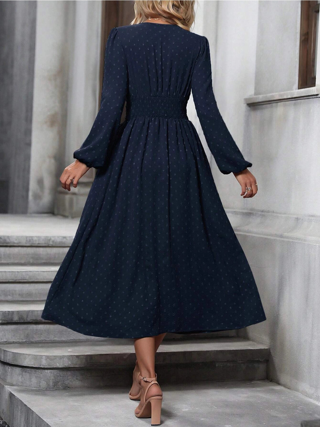 Navy V-neck Swiss Dot Midi Dress