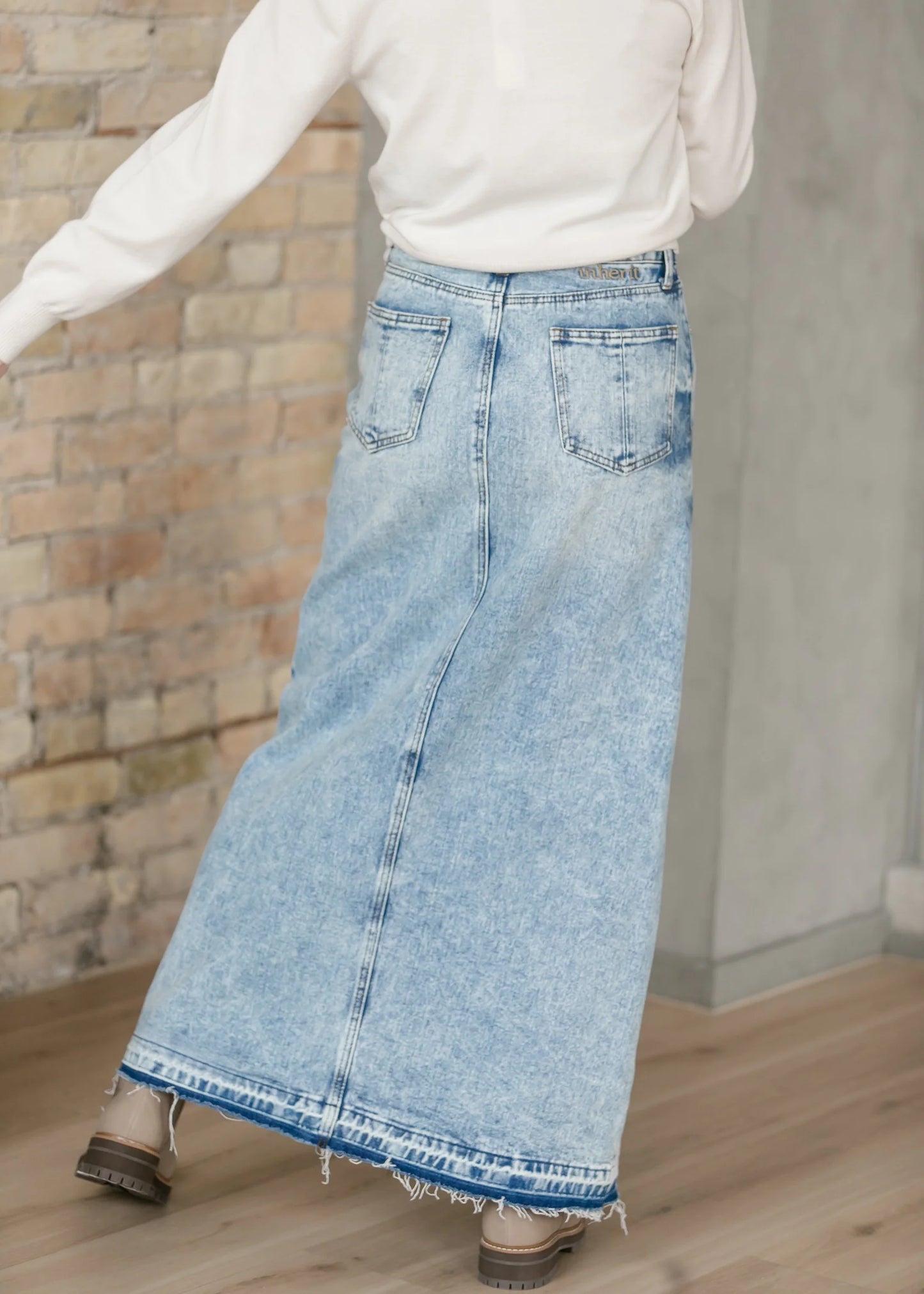 "Mina" Light Wash Denim Maxi Skirt