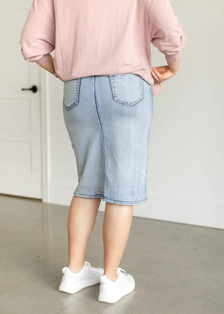 “Frankie” Five Pocket Denim Midi Skirt