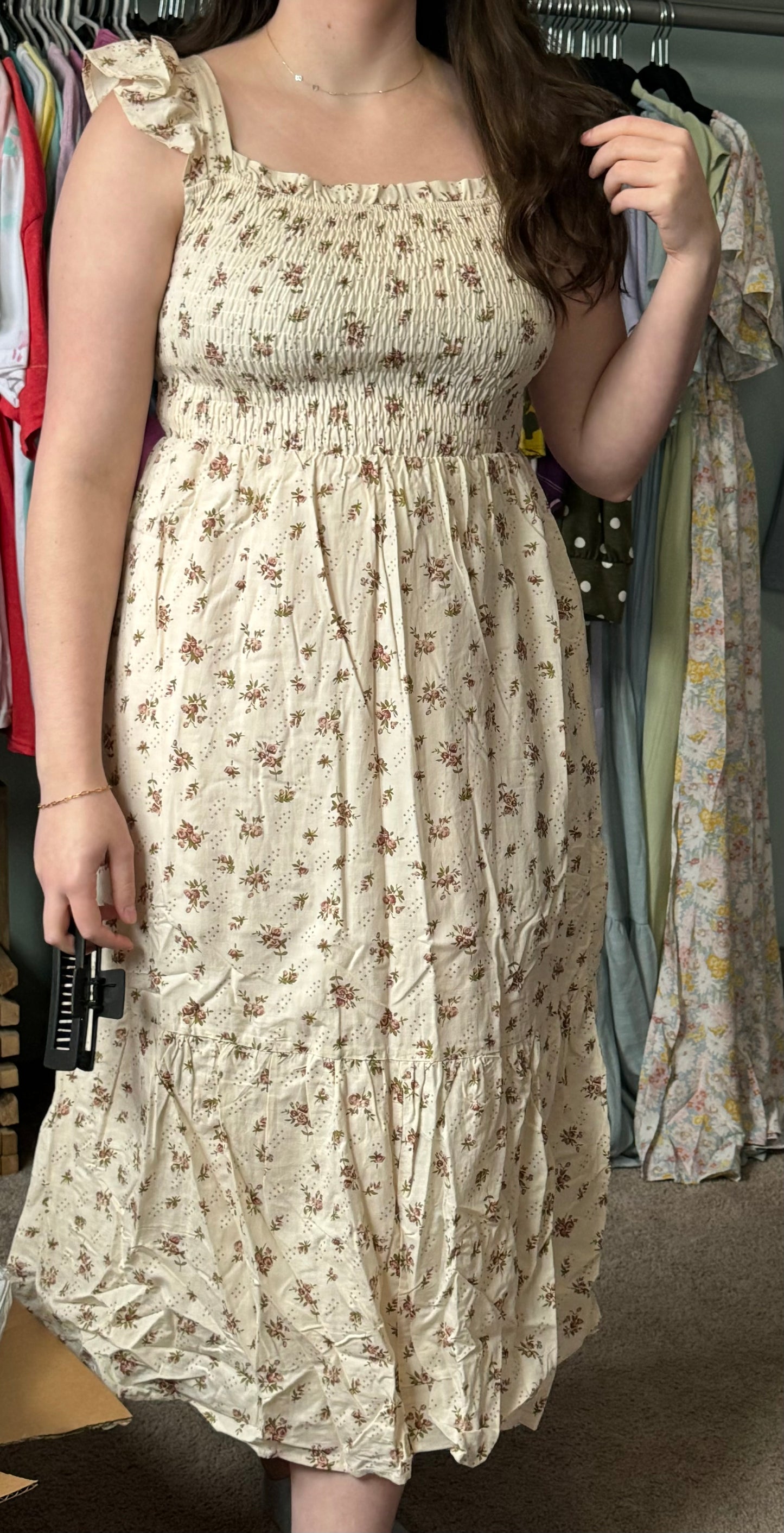 “Summer” Cap Sleeve Floral Smocked Midi Dress