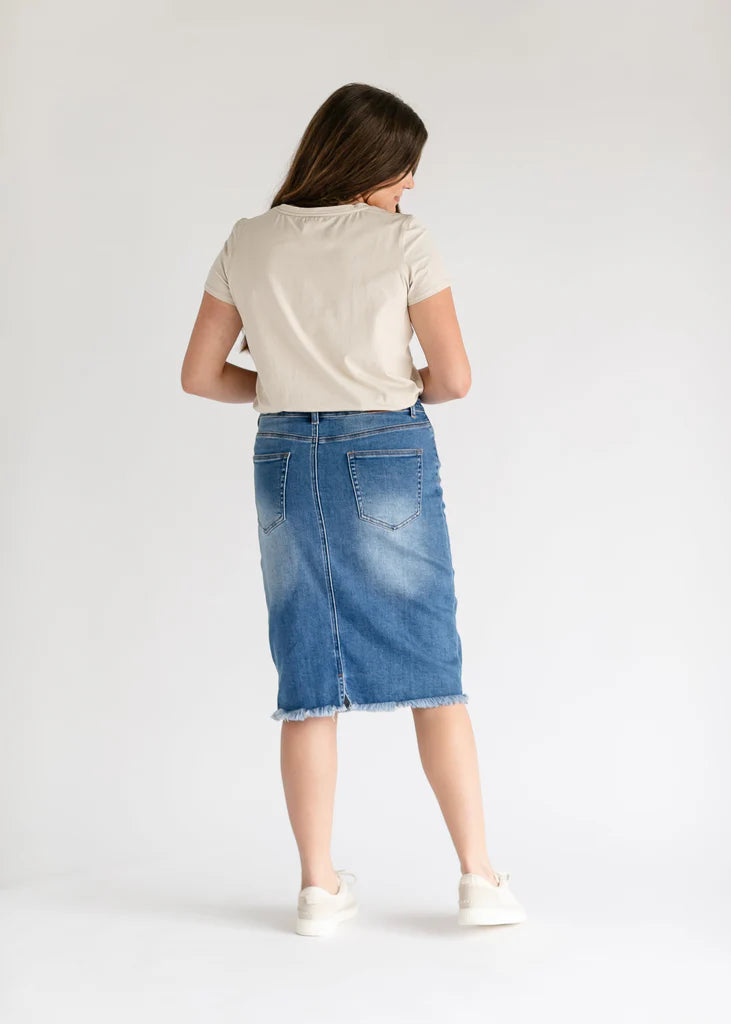 “Drew” Raw Hem Midi Denim Skirt - True Blue