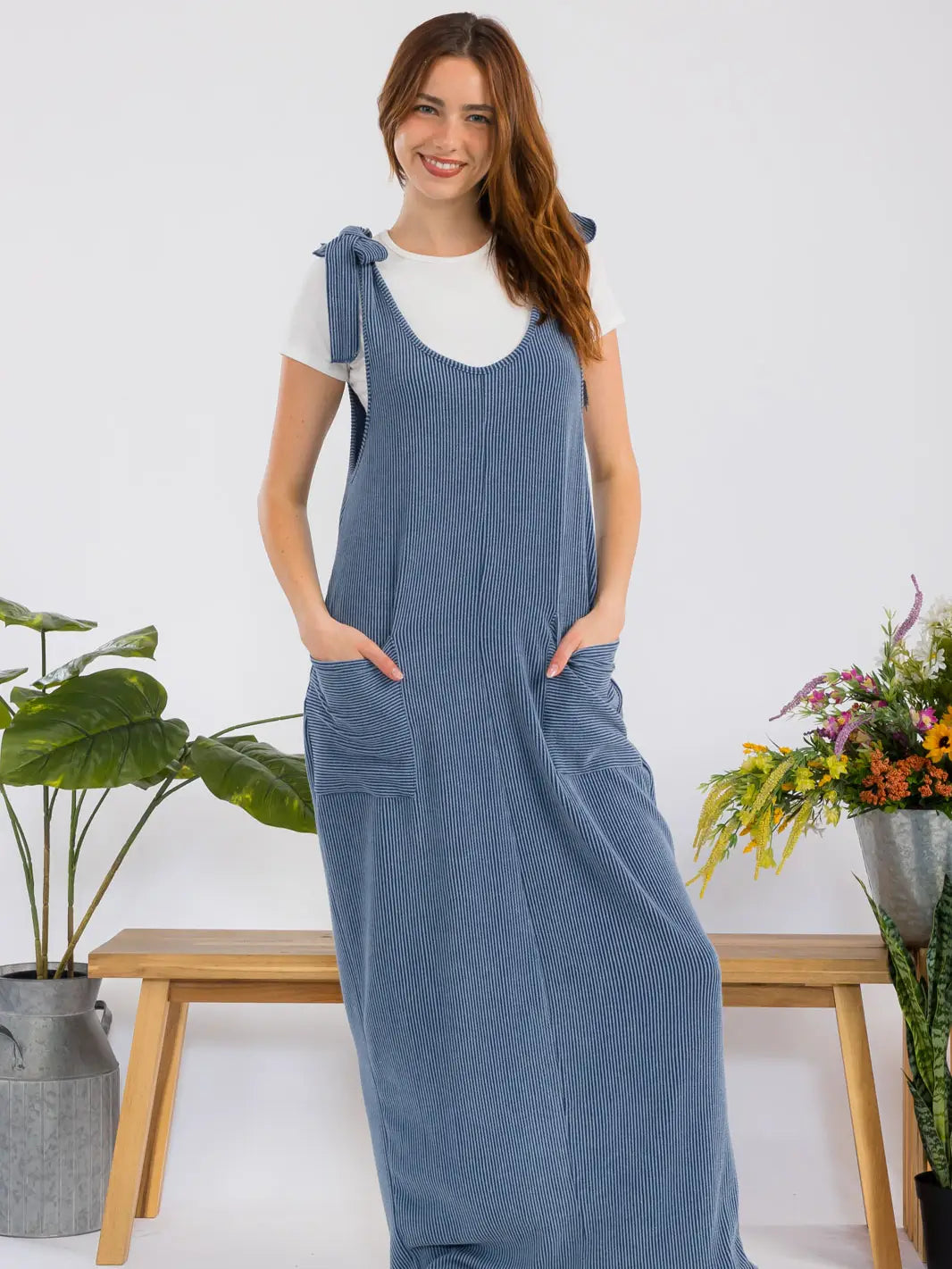 Blue Ribbed Overall Dress