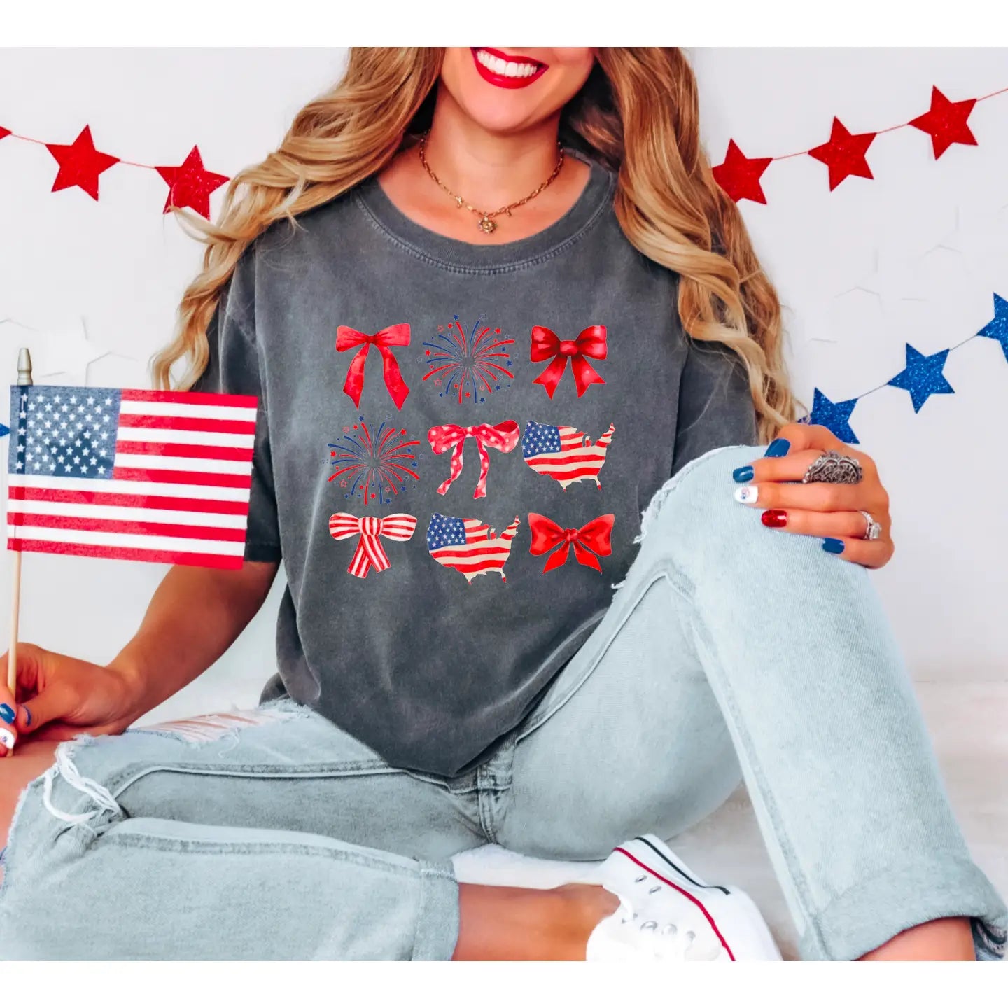 American Flag Coquette Tee - Charcoal Gray