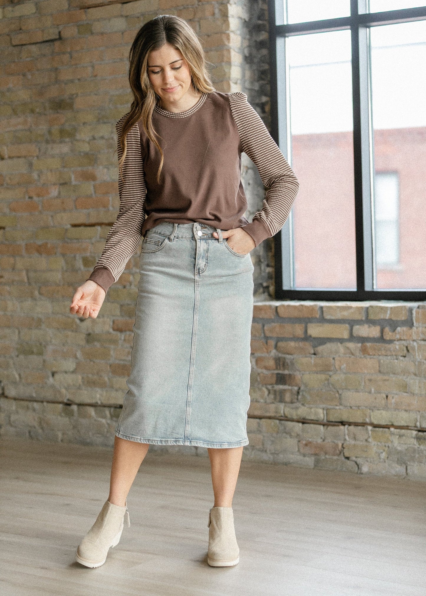 "Greta" Light Wash Denim Midi Skirt