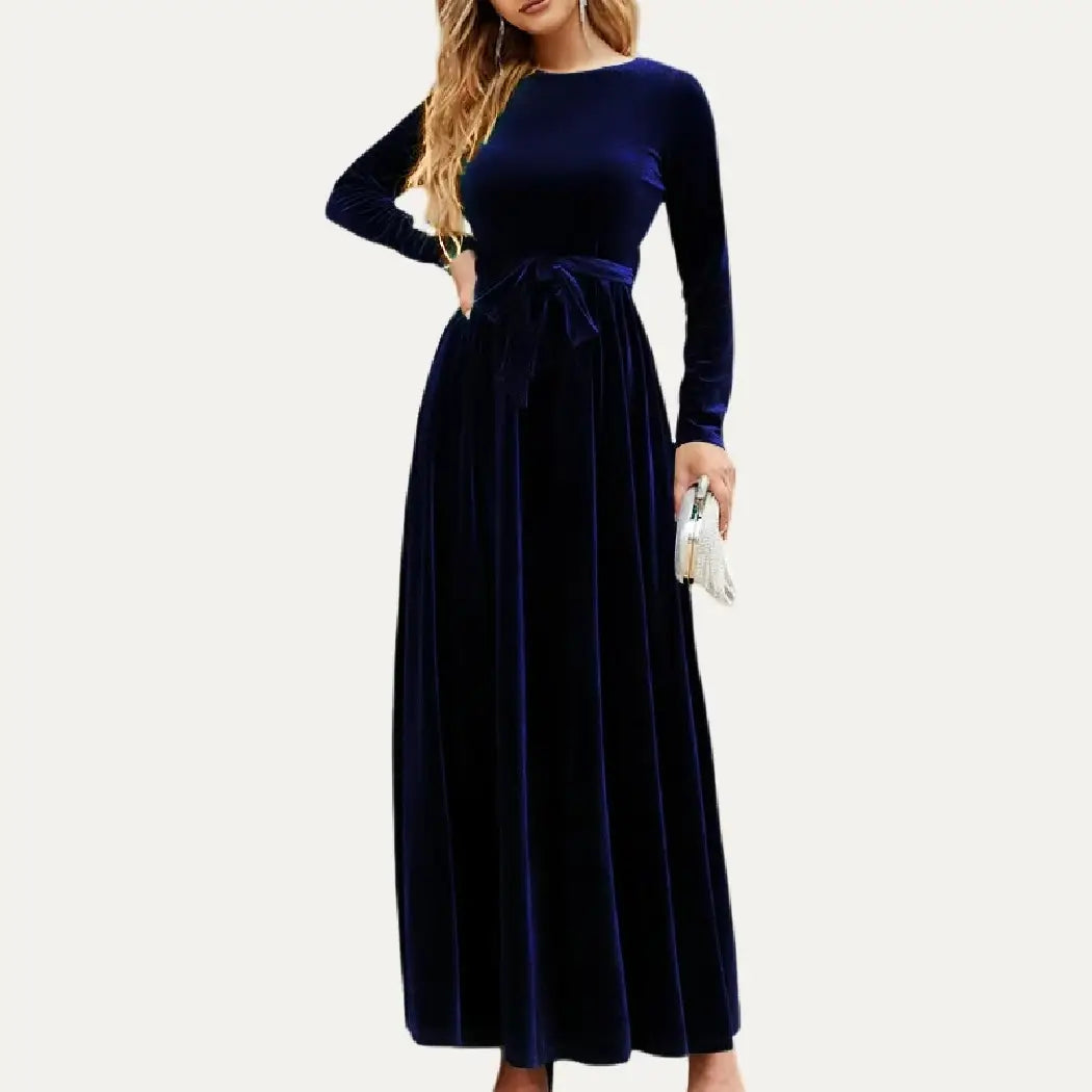 Dark Blue Crushed Velvet Long Sleeve Maxi Dress