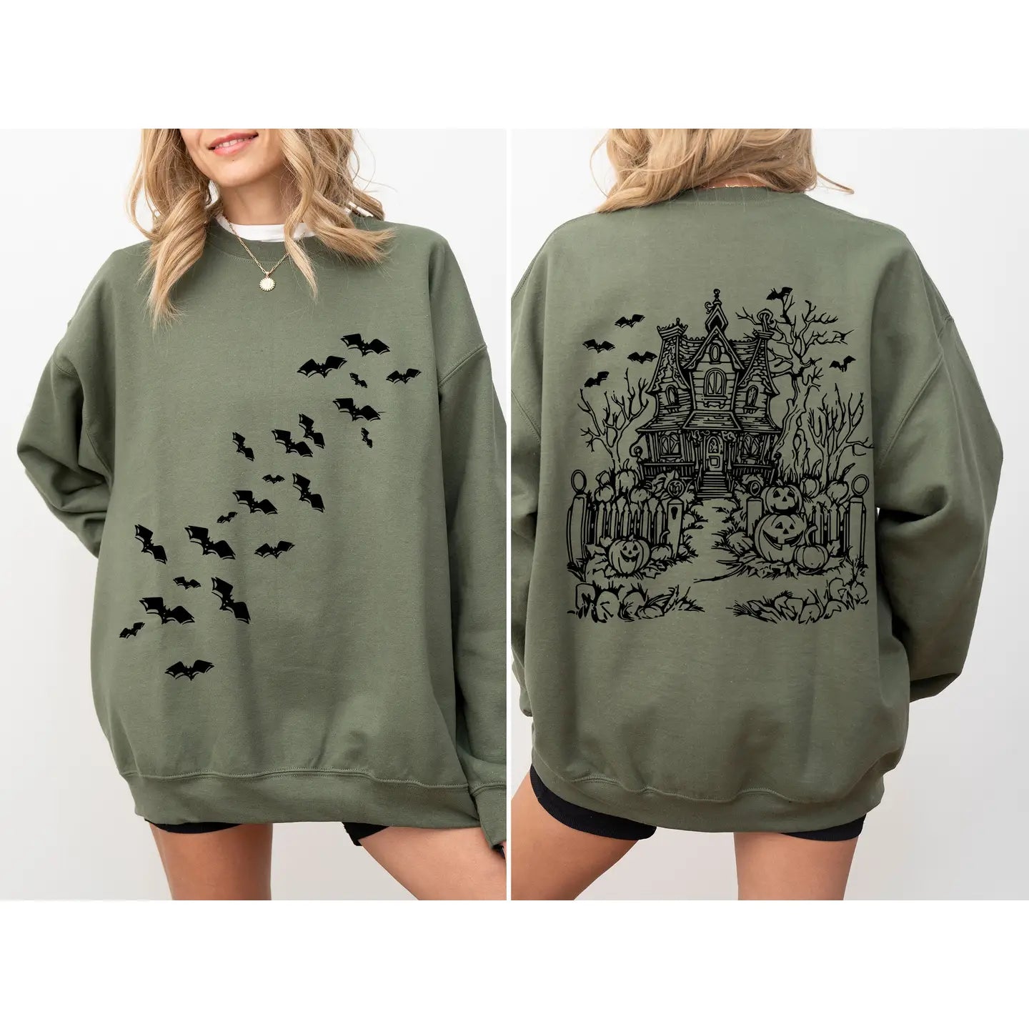 Military Green Haunted House Crewneck