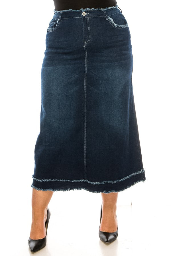 Long Dark Indigo Denim Skirt with Fringe Hem & Pockets - Be Girl
