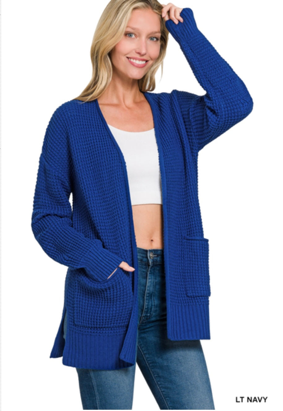 Light Navy Waffle Cardigan