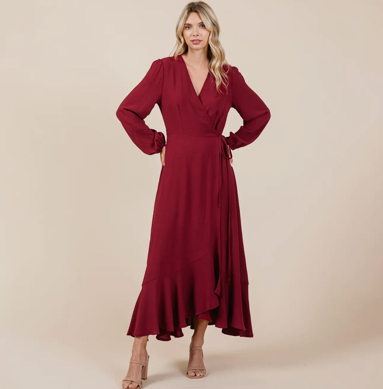 Burgundy Ruffle High Low Wrap Maxi Dress