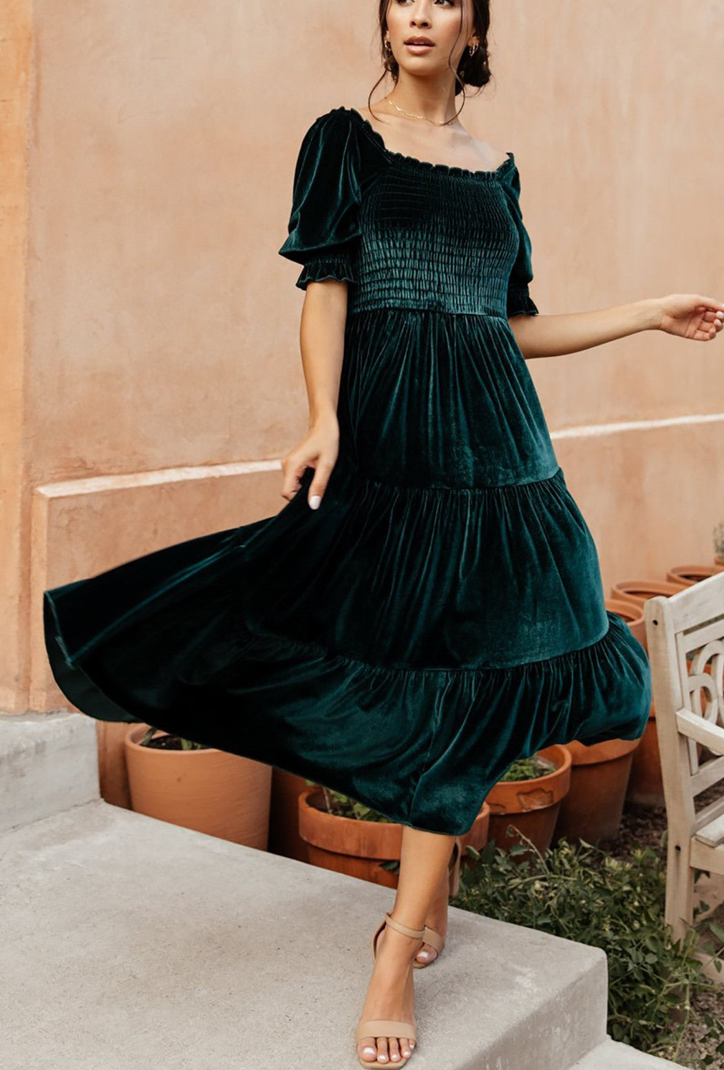 Deep Green Velvet Square Neck Midi Dress