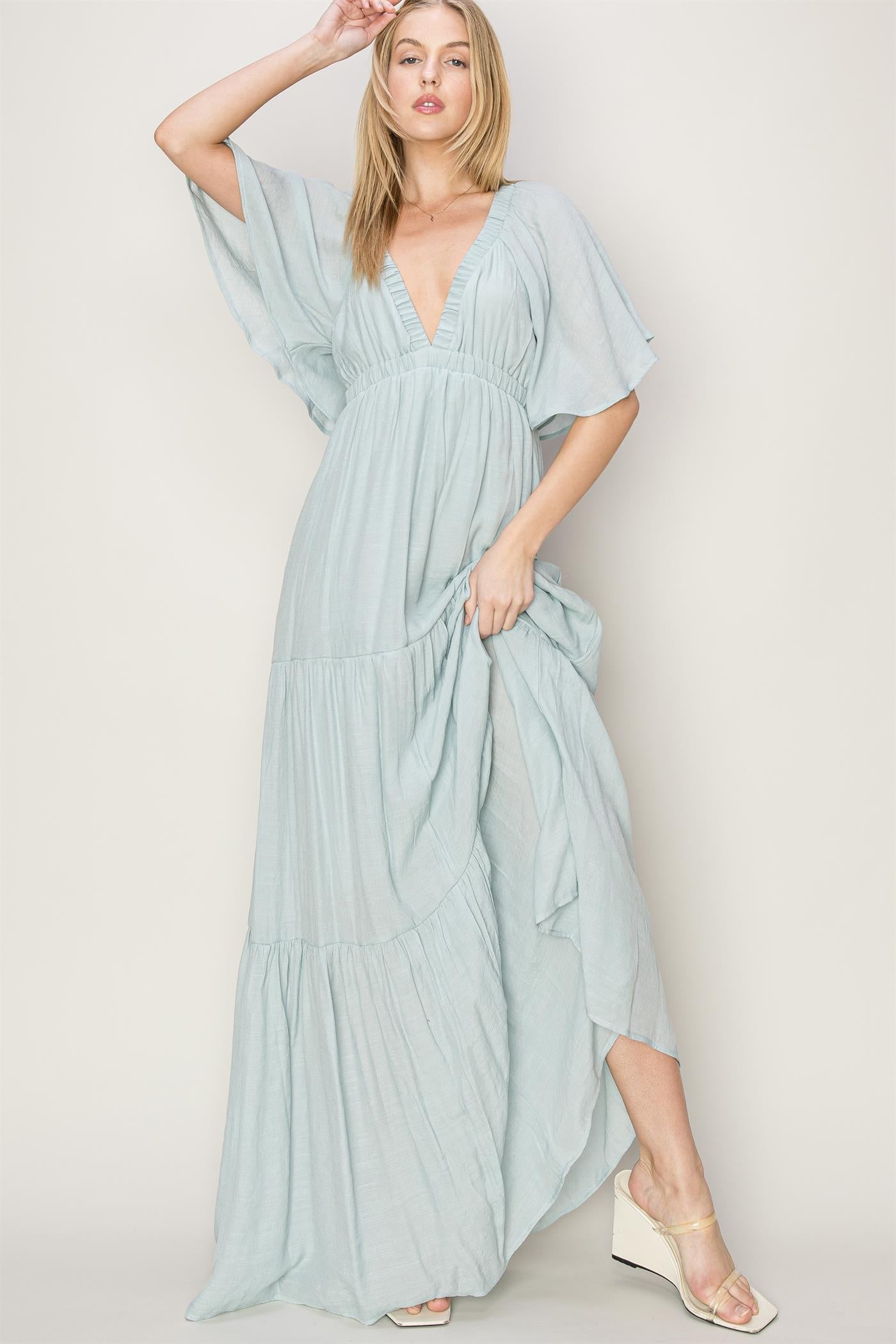 Dusty Blue Open Back Flowy Maxi Dress
