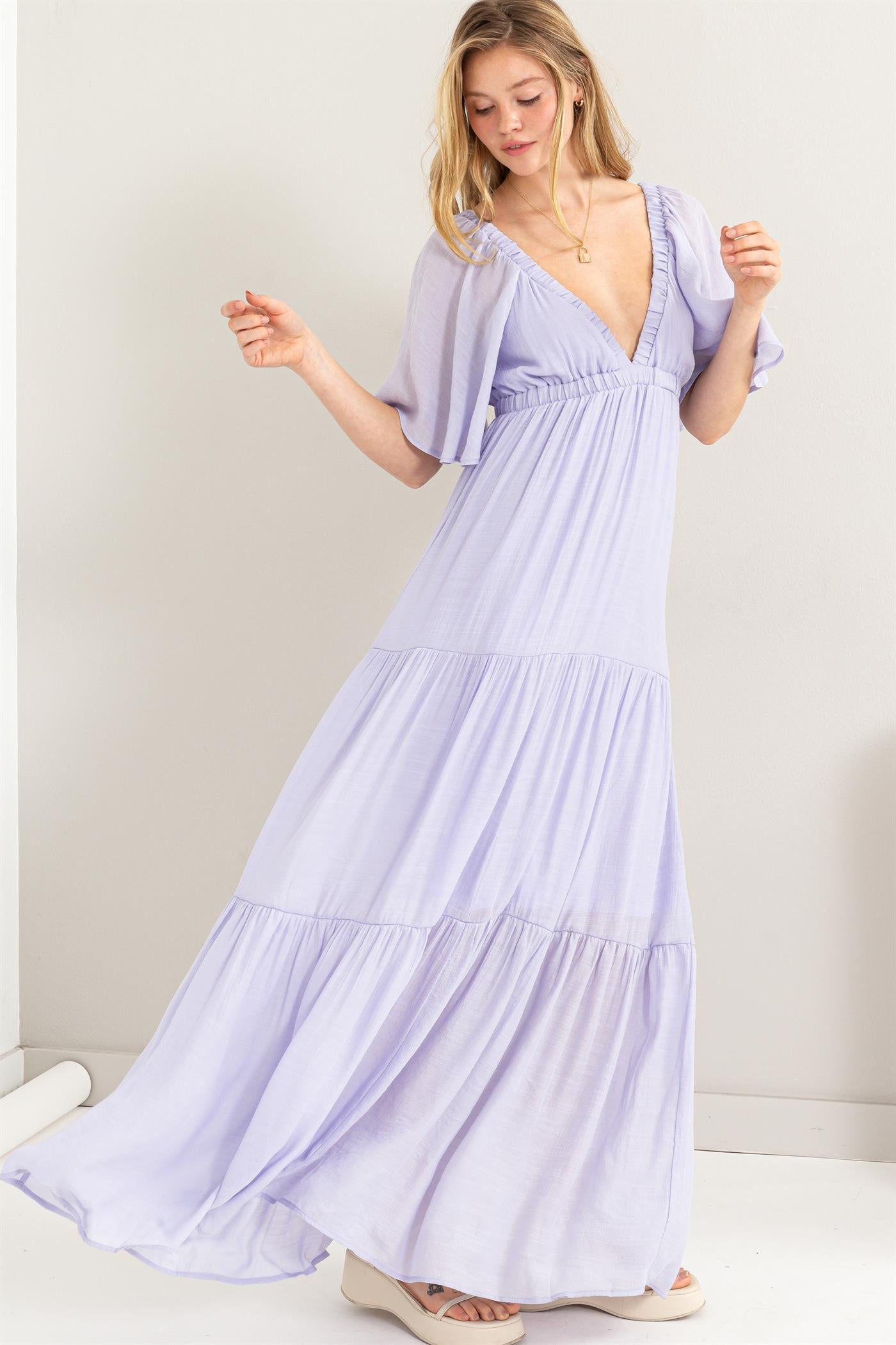 Lavender Open Back Flowy Maxi Dress
