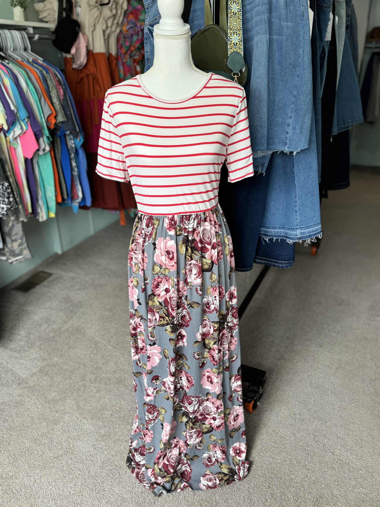 Gray Plus Size Stripe & Floral Maxi Dress