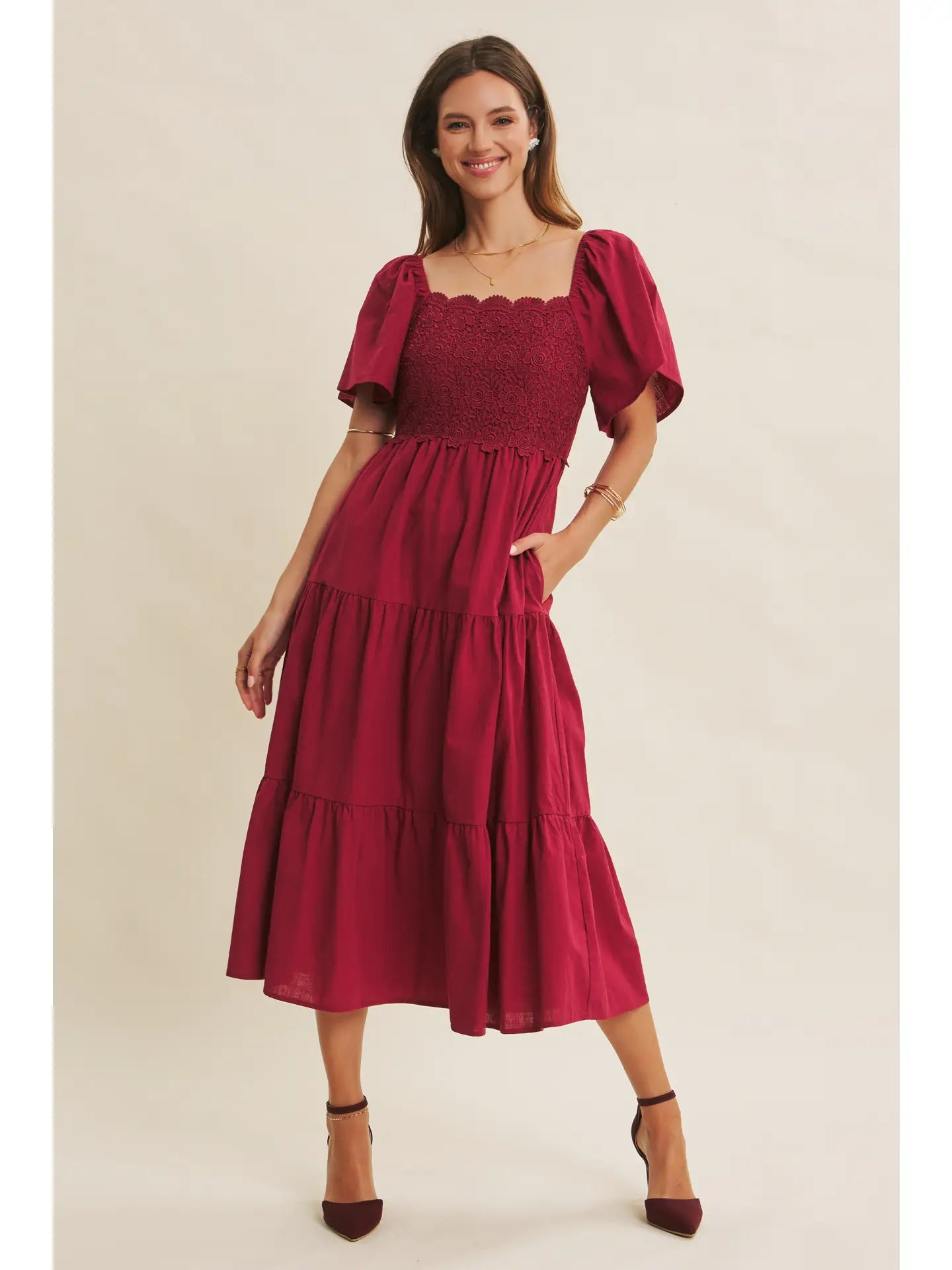 Red Tiered Midi Dress with Lace Top
