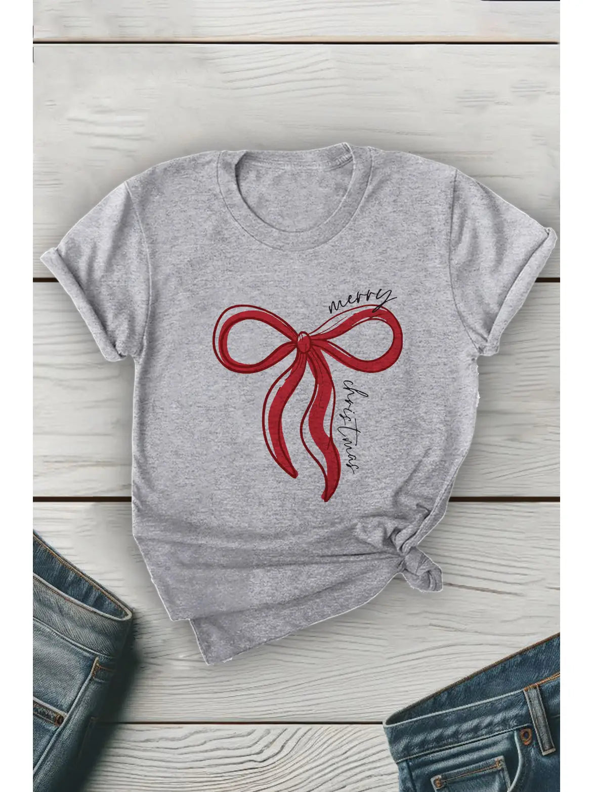 Grey Tee with Red Christmas Bow