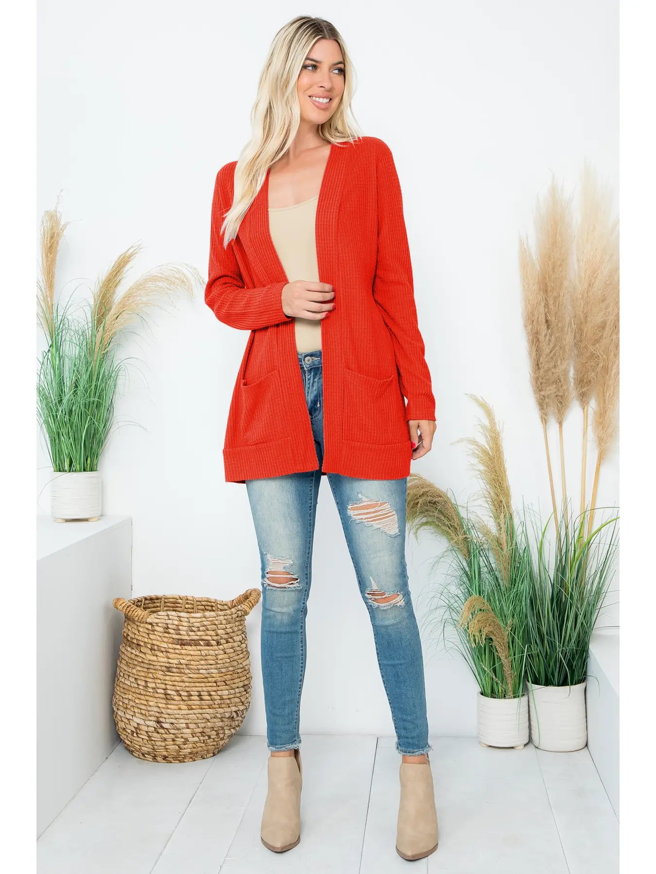 Rust Brushed Waffle Cardigan