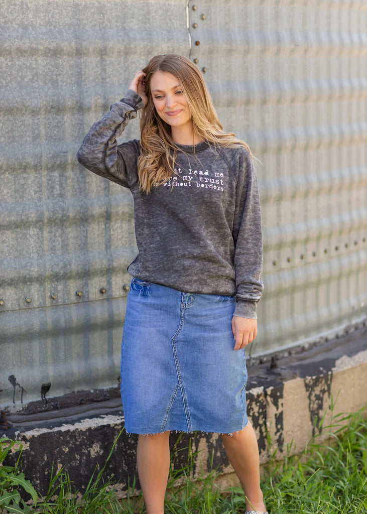 “Anya” raw hem midi denim skirt