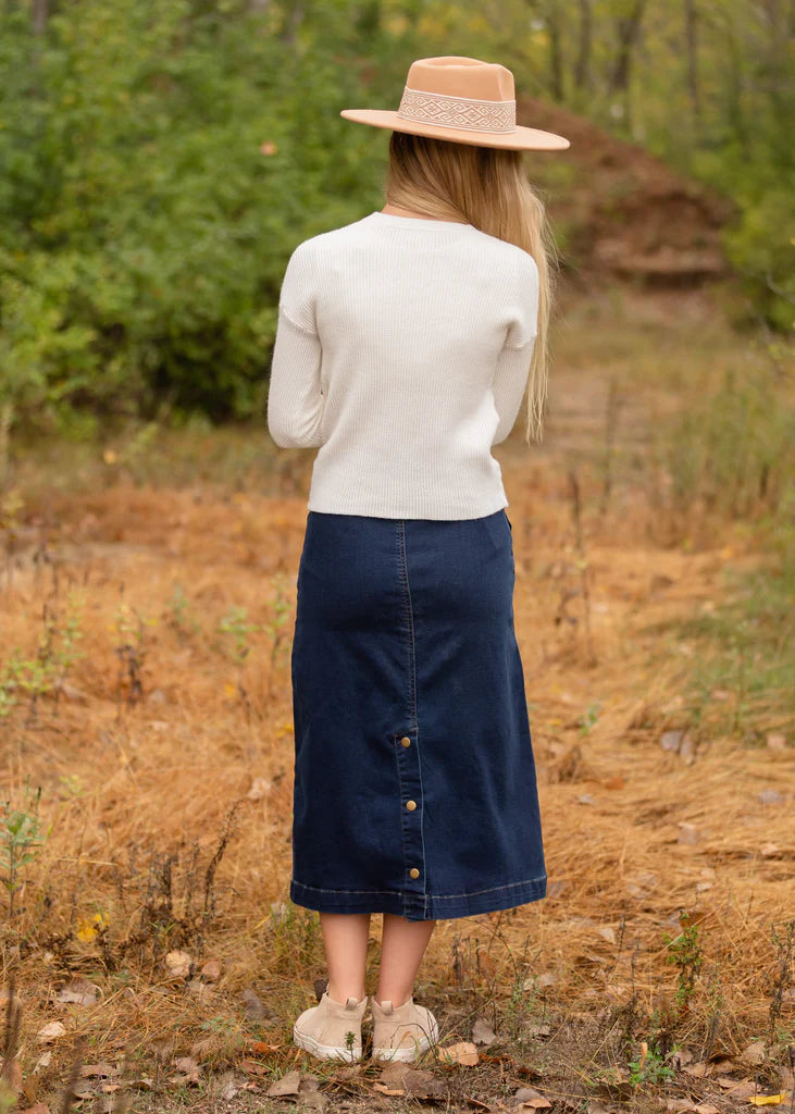 “Caren” back snap denim skirt