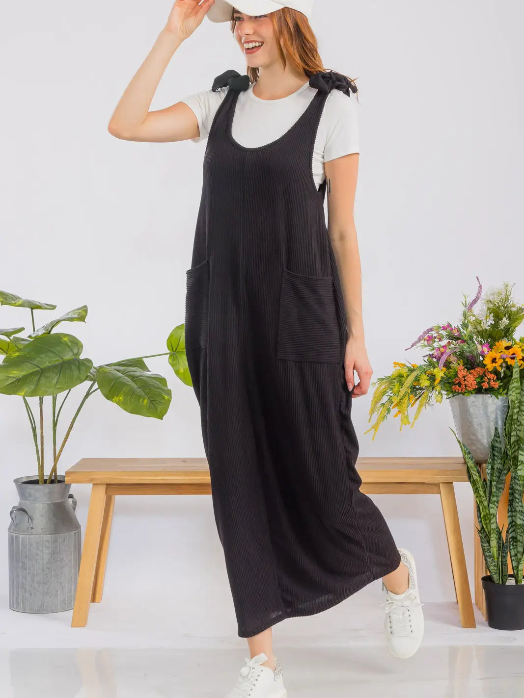 Black Ribbed Overall Dress