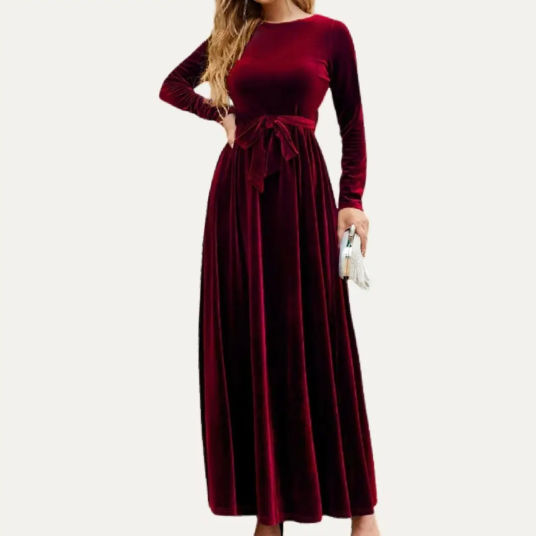 Red Crushed Velvet Long Sleeve Maxi Dress