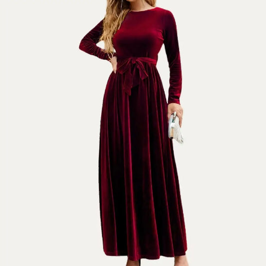 Red Crushed Velvet Long Sleeve Maxi Dress