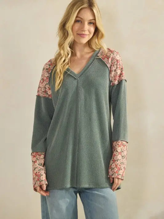 Vintage Olive Floral Ribbed Long Sleeves