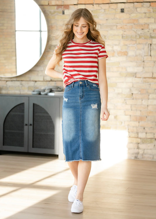 “Hadley” High Rise Denim Midi Skirt