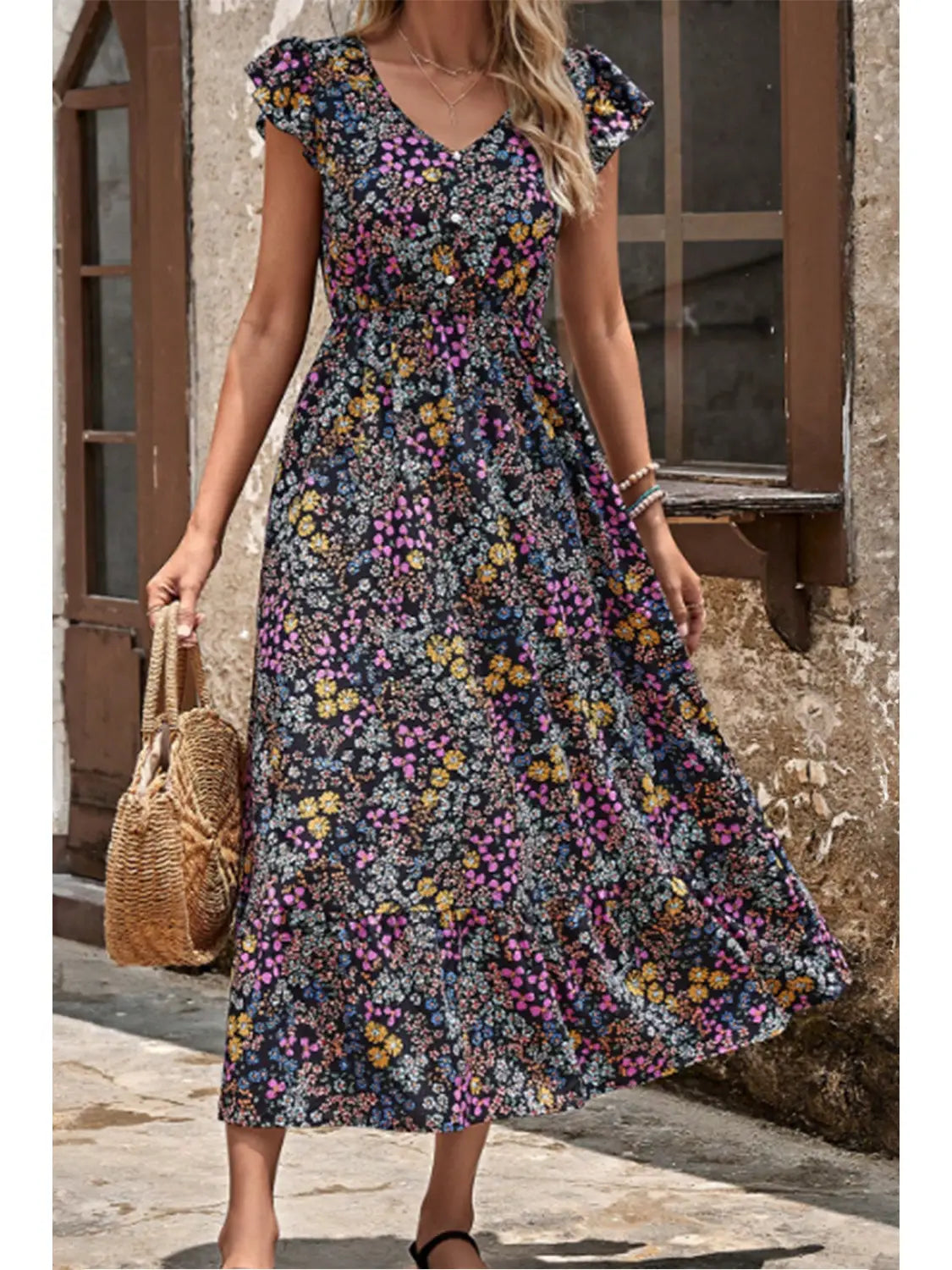 Black & Floral Ruffle Sleeve Midi Dress