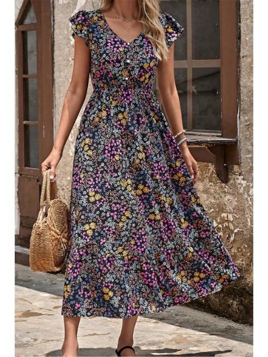 Black & Floral Ruffle Sleeve Midi Dress
