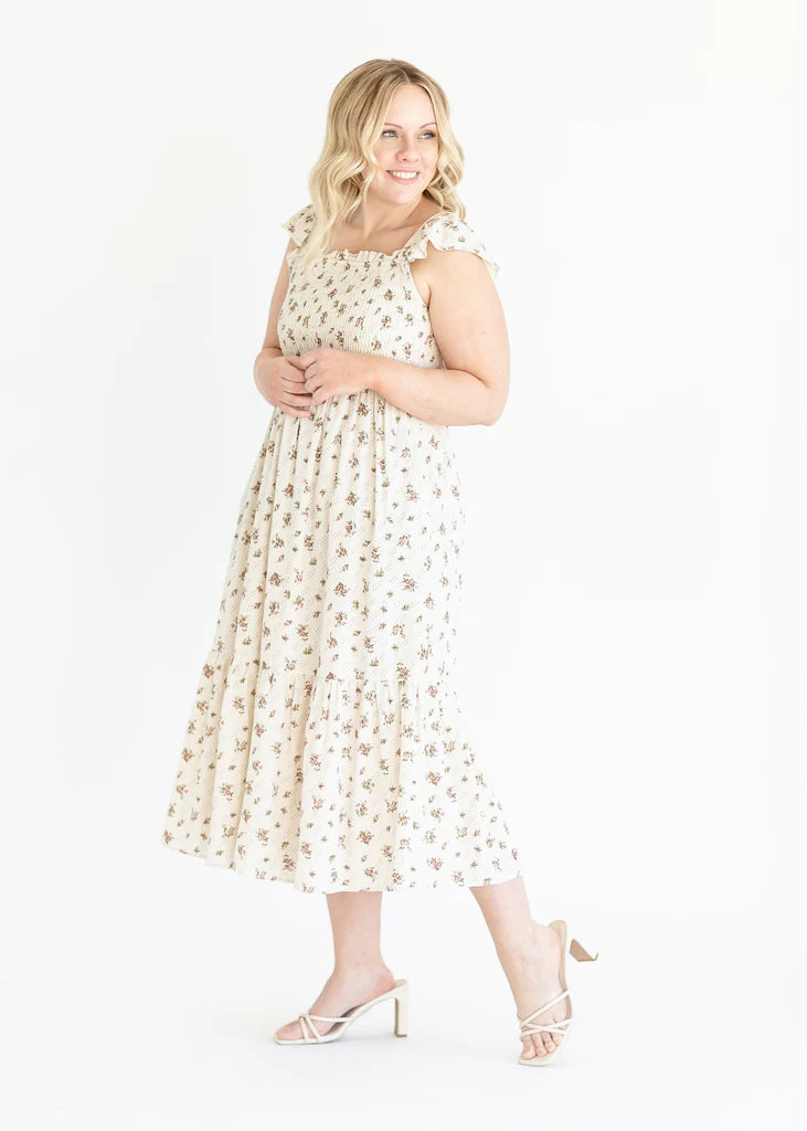“Summer” Cap Sleeve Floral Smocked Midi Dress