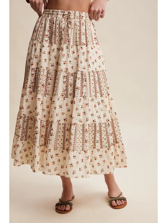Ivory Floral Tiered Maxi Skirt