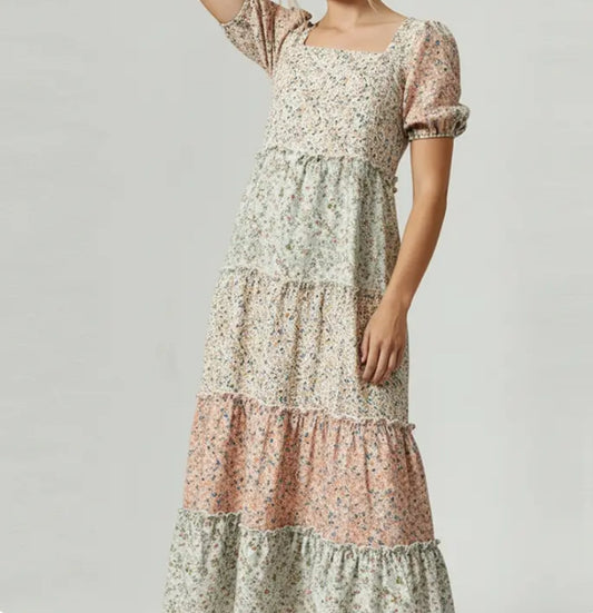 Plus Size Square Neck Floral Tiered Midi Dress