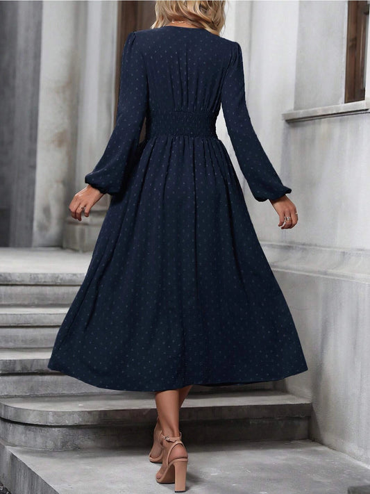 Navy V-neck Swiss Dot Midi Dress