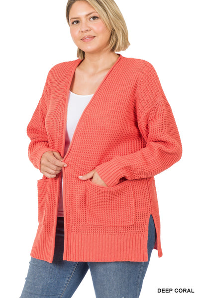Deep Coral Waffle Cardigan