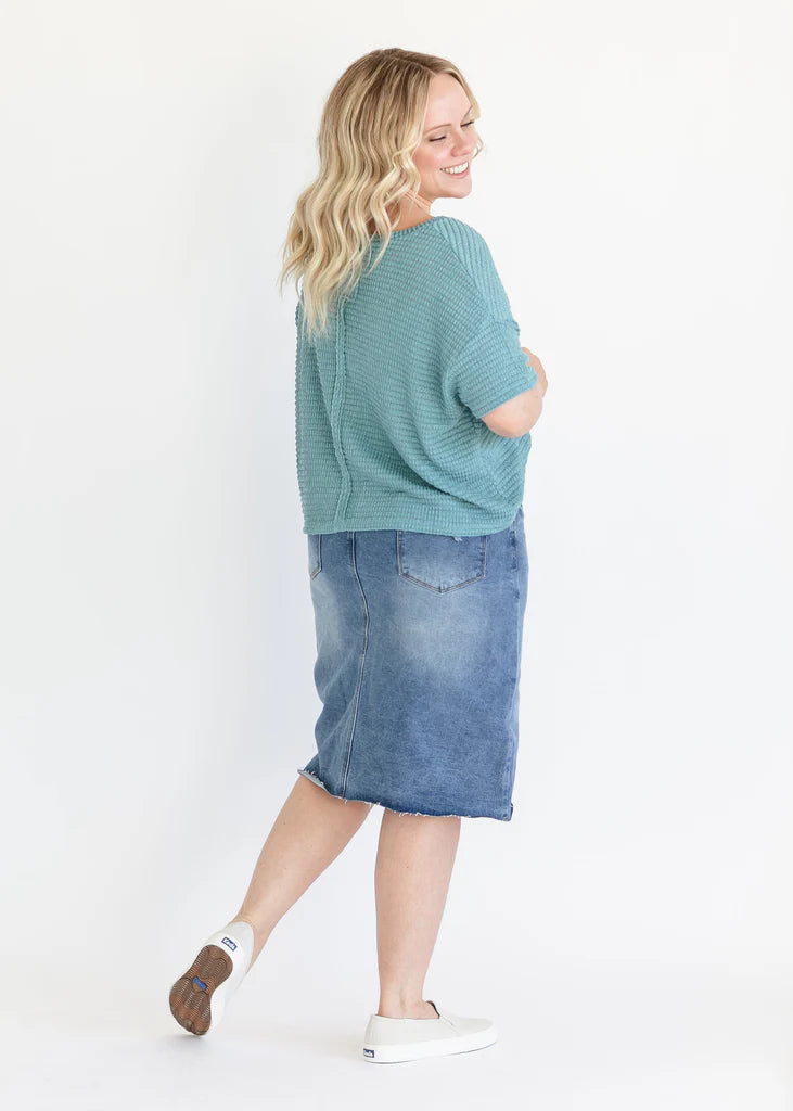 “Tiana” Distressed Midi Denim Skirt