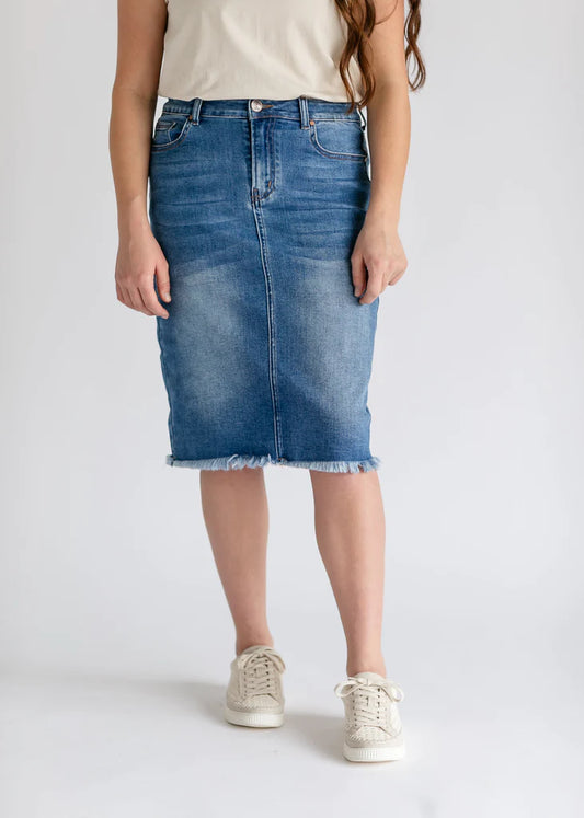 “Drew” Raw Hem Midi Denim Skirt - True Blue