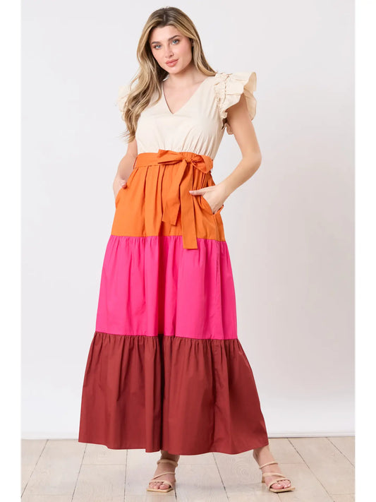 Color Block Vneck Ruffle Sleeve Maxi Dress