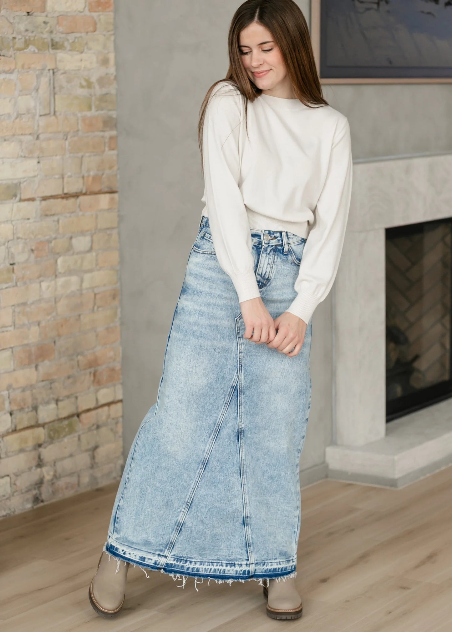 "Mina" Light Wash Denim Maxi Skirt