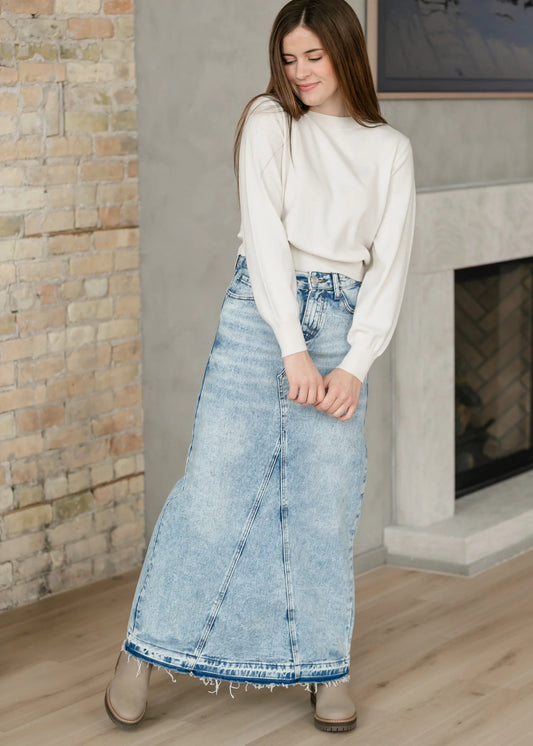 "Mina" Light Wash Denim Maxi Skirt