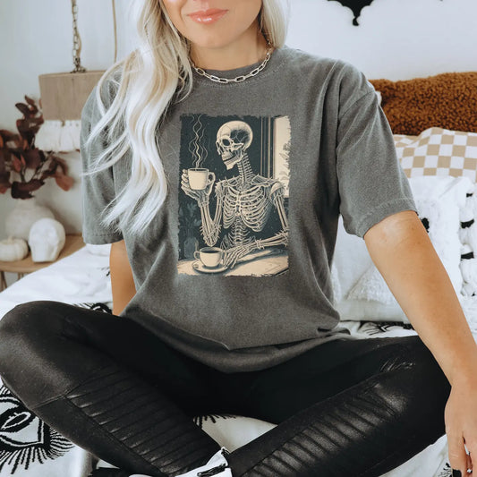 Coffee Drinking Skeleton Tee - Pepper Grey