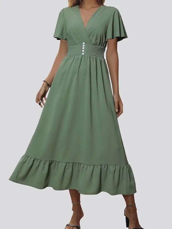Green Ruffle Hem Vneck Dress