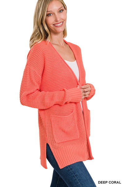 Deep Coral Waffle Cardigan