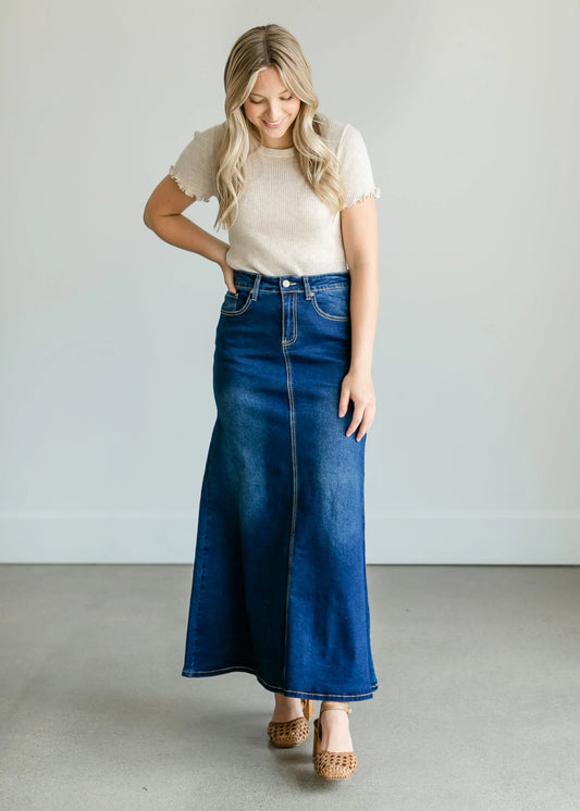 “Bethany” Dark Wash A Line Denim Skirt