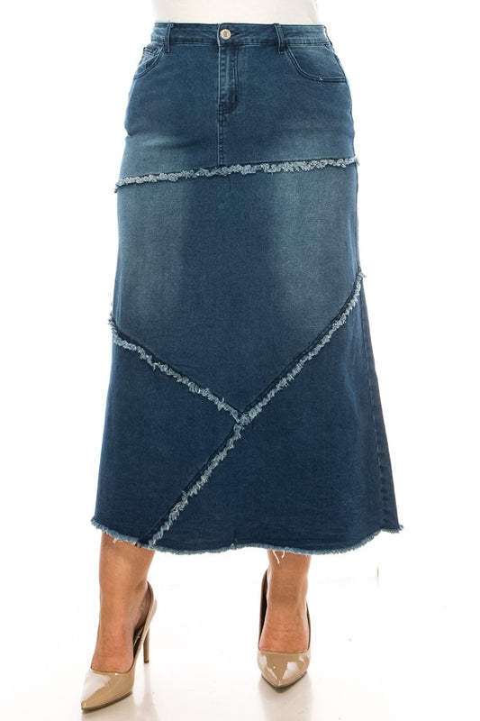 Indigo Wash Long Denim Skirt with Fringe Design - Be Girl