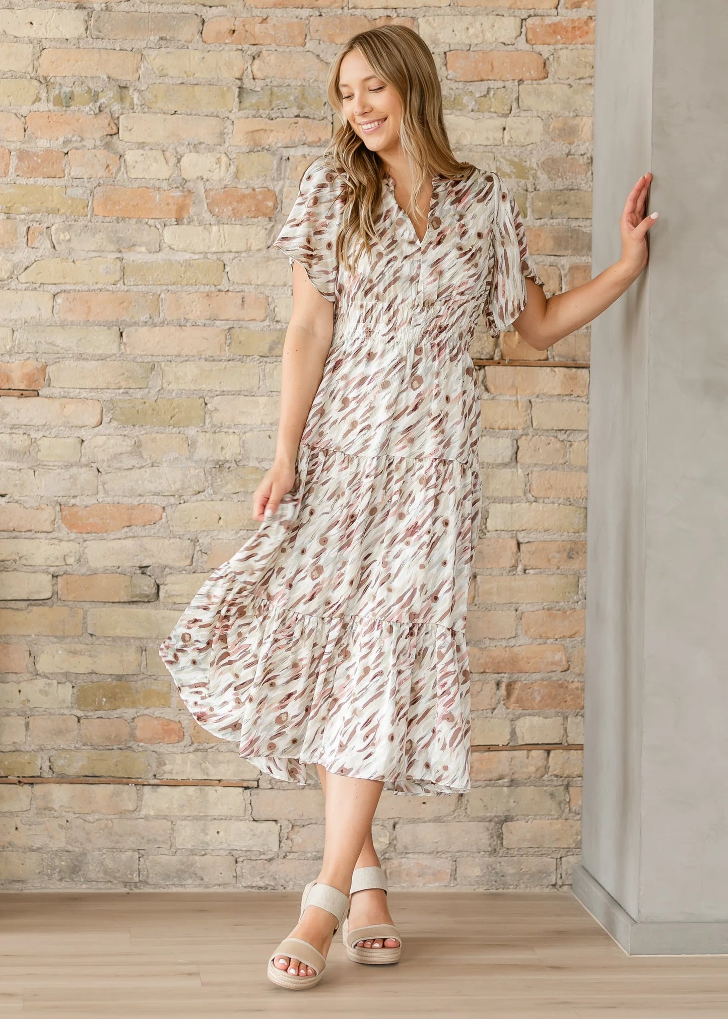 “Gina” Pink Abstract Midi Dress