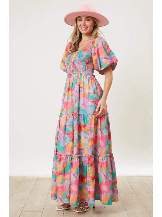 Multicolored Puff Sleeve Maxi Dress