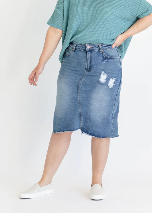 “Tiana” Distressed Midi Denim Skirt