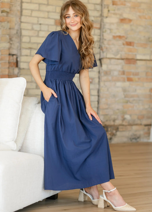 Navy Flutter Sleeve Maxi Dress